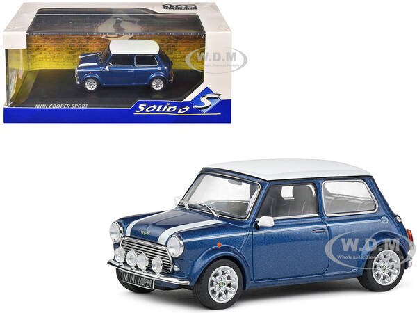 1994 Mini Cooper Sport Tahiti Blue Metallic with White Top and Stripes 1/43 Diecast Model Car by Solido