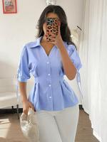 Women's Plain Button Front Shirt, Casual Half Sleeve Collared Top for Summer, Ladies Clothes for Daily Wear, Womenswear