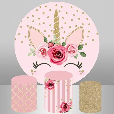 Aperturee Pink Unicorn Flower Circle Happy Birthday Backdrop | Round Birthday Backdrop Cover | Circle Party Backdrop | Custom...