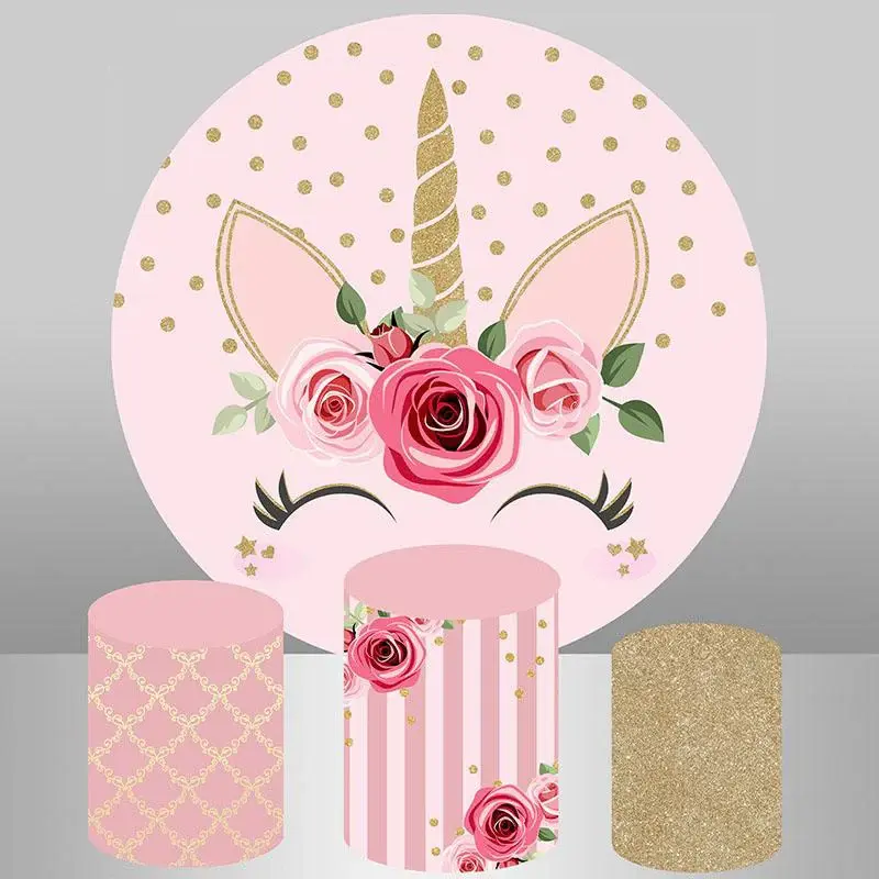 Aperturee Pink Unicorn Flower Circle Happy Birthday Backdrop | Round Birthday Backdrop Cover | Circle Party Backdrop | Custom...