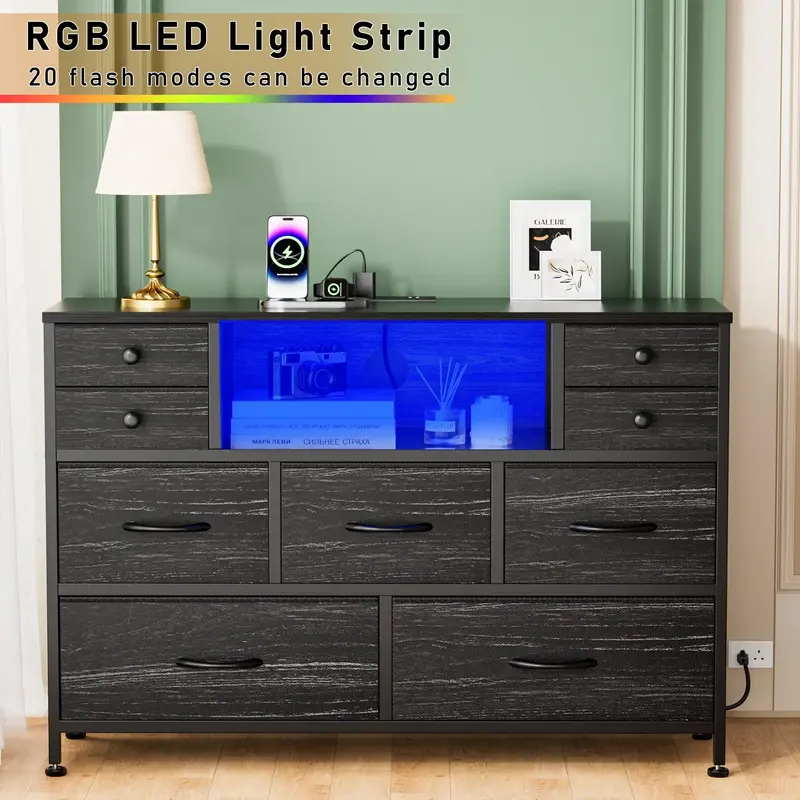 Dresser for Bedroom with Power Outlets & LED, Sturdy Metal Frame, Wooden Top-Storage Fabric Dresser for Bedro...