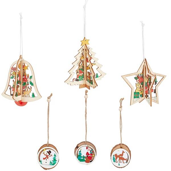 6Pcs 6 Styles Wooden Christmas Ornaments