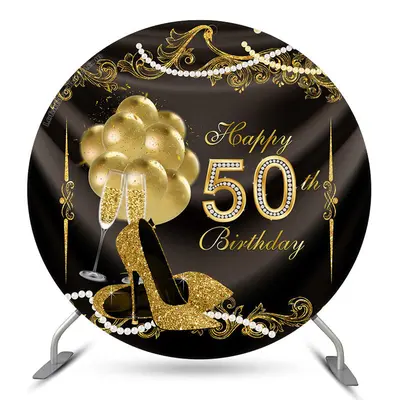 Aperturee Golden Balloons Round Happy 50Th Birthday Backdrop | Round Backdrop Cover Diy | Round Backdrop Stand Covers | Birth...