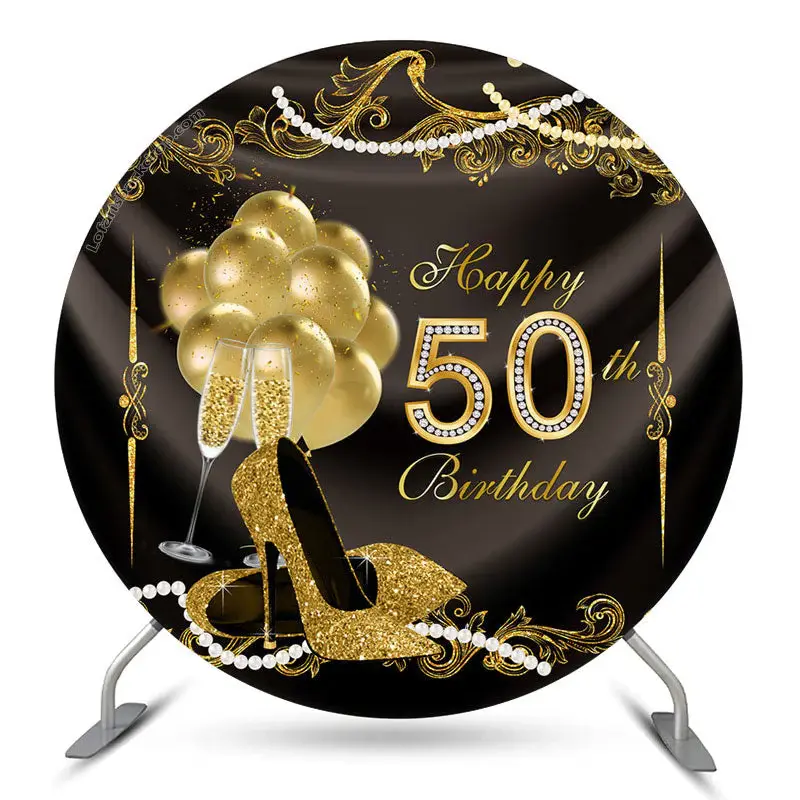 Aperturee Golden Balloons Round Happy 50Th Birthday Backdrop | Round Backdrop Cover Diy | Round Backdrop Stand Covers | Birth...