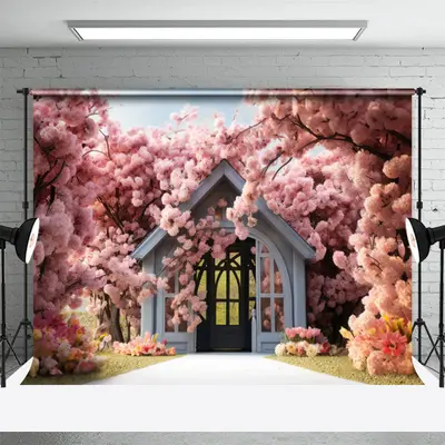 Pink Sakura And Pavilion Outdoors Spring Backdrop - Aperturee