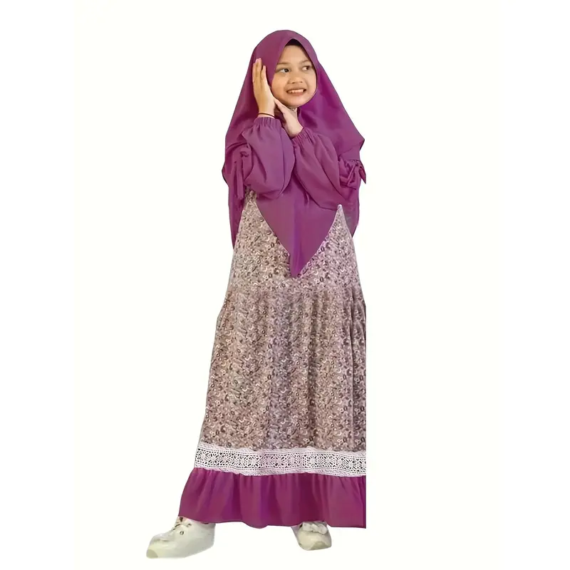 Four Seasons Muslim Traditional Middle Eastern Ethnic Clothing Set for Girls Long Sleeve Solid Color Floral Dress + Headscarf...