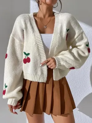 Embroidered Open Front Women's Graphic Cherry Cardigan Open Front Cable Knit Lantern Sleeve Cropped Cardigan Sweater