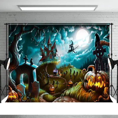 Halloween Night Castle Pumpkins Witch Cemetery Backdrop - Aperturee