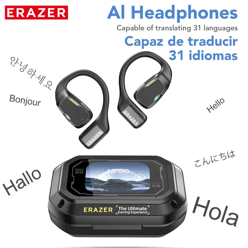 ERAZER Wireless Earbuds, Open-Ear Headphones, LED Lights Touchscreen, Ergonomic Ear Hooks, Ultra-Comfort, Snug Fit, HiFi Bass...