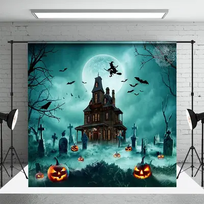 Aperturee Spooky Pumpkin Cemetery Castle Halloween Backdrop - Aperturee