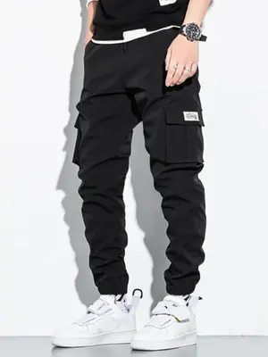 Men's Letter Patched Pocket Cargo Pants, Stylish Loose Drawstring Trousers, Drippy Outfits, Going Out Outfit, Menswear Clo...