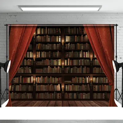 Horrible Red Curtain With Book Shelf Halloween Backdrop - Aperturee