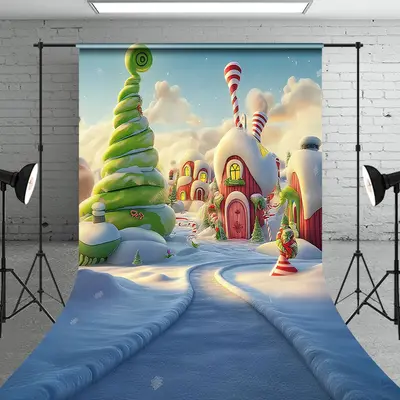 Snowy Candyland Green Red House Christmas Backdrop - Aperturee