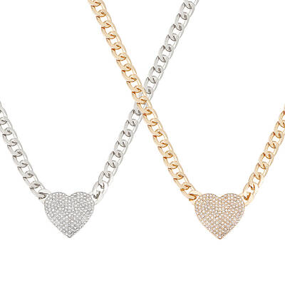2Pcs 2 Colors Crystal Rhinestone Heart Pendant Necklaces Set with Alloy Curb Chains