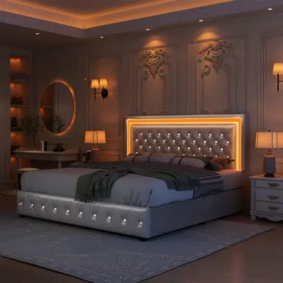 GEGOFORU Queen LED Smart Bed with Adjustable Upholstered Headboard, RGB Light Strip, 4 Under-Bed Storage Drawers, Whisper-Qui...