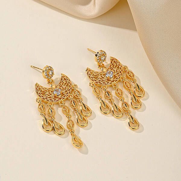 Golden Crescent Moon Tassel Brass Dangle Stud Earrings