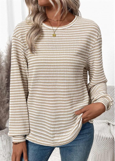 Modlily Light Coffee Jacquard Long Sleeve Round Neck T Shirt - XL