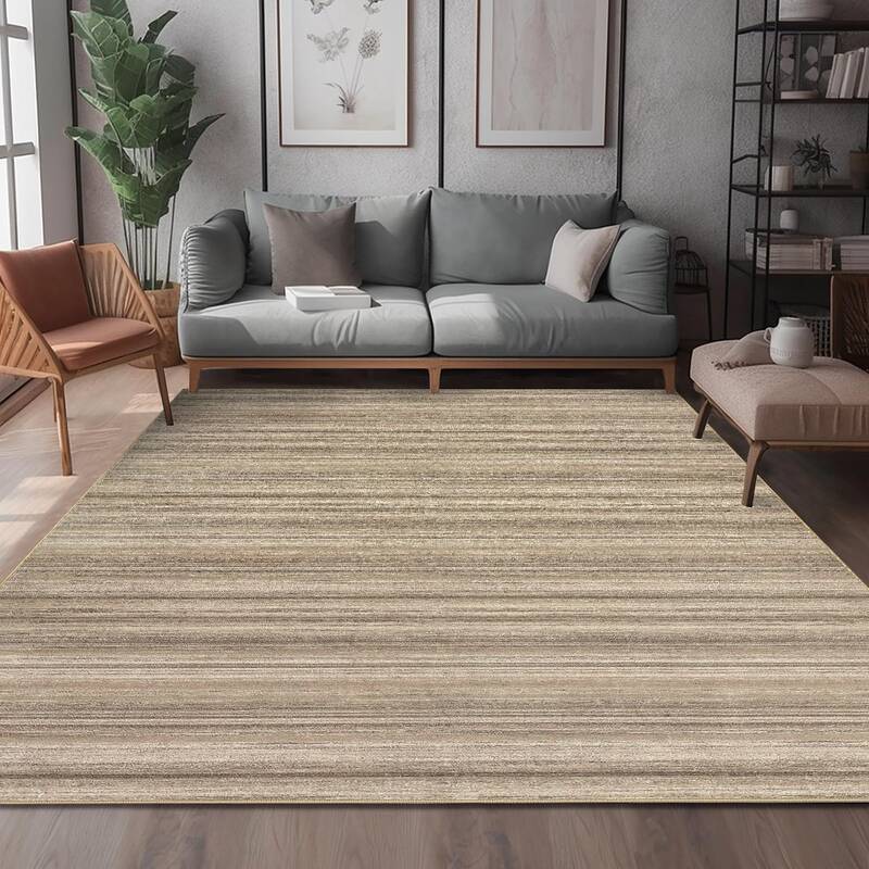 Garvee Large Area Rug 10x13 Modern Minimalist Striped Stain-Resistant Polyester Fiber TPR Backing Non-Skid Low Pile Brown for...