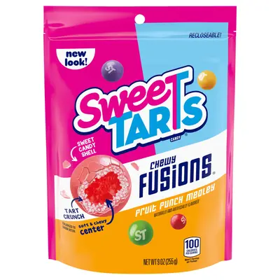 SweeTARTS Chewy Fusions, Candy, Fruit Punch Medley, Chewy and Crunchy, 9 oz
