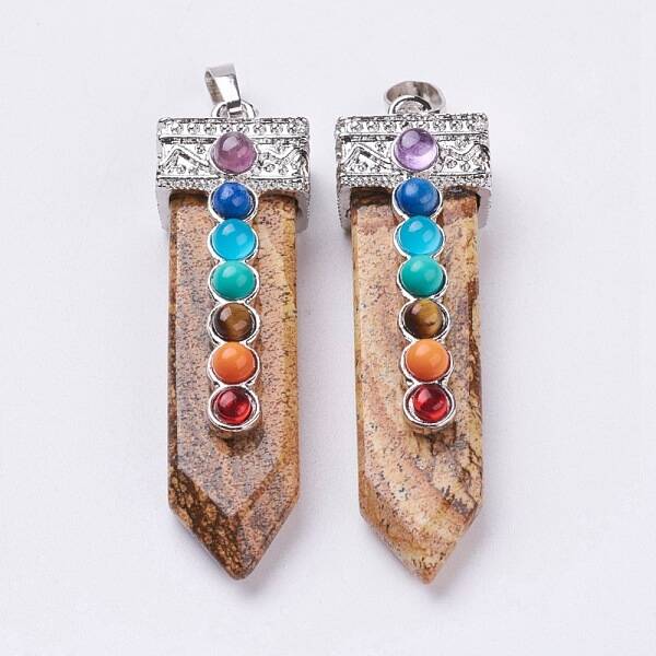 Natural Picture Jasper with Synthetic & Natural Mixed Stone Chakra Big Pendants