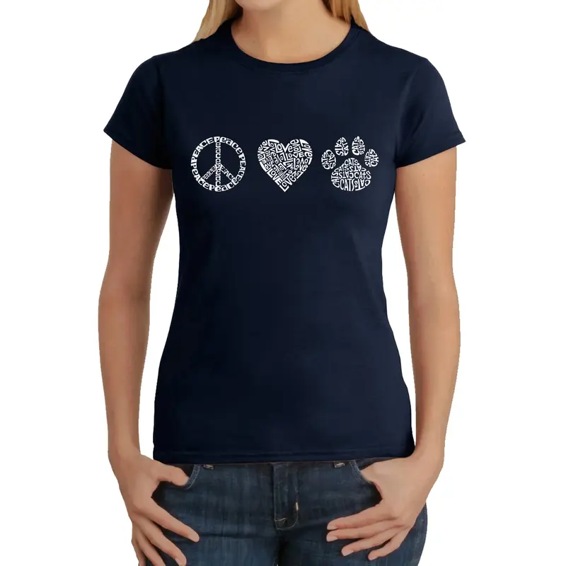 Peace Love Cats - Women's Word Art T-Shirt - Red - Large