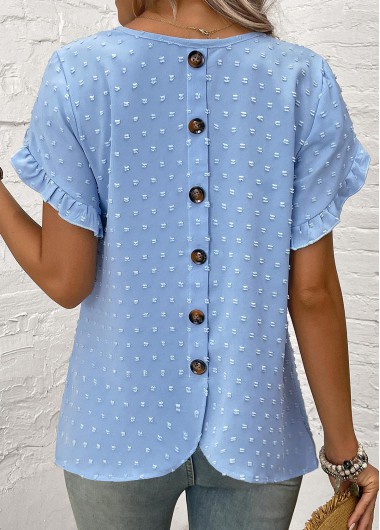 Modlily Dusty Blue Button Short Sleeve Round Neck Blouse - M