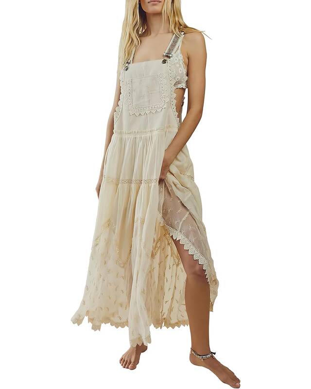 Chouyatou Women's Summer Laced Embroidered Tulle Bib Beachwear Dress Casual Comfortable Loose Adjustable Straps Maxi Dre