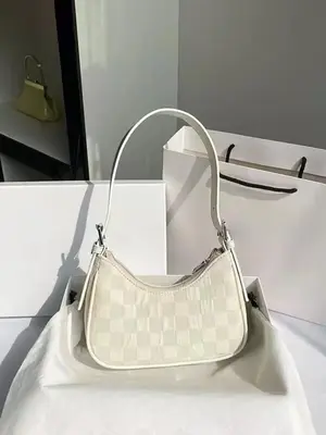 Women's Elegant Checkerboard Pattern Shoulder Bag, Fashionable Underarm Bag For Daily Used, Zipper Baguette Bag