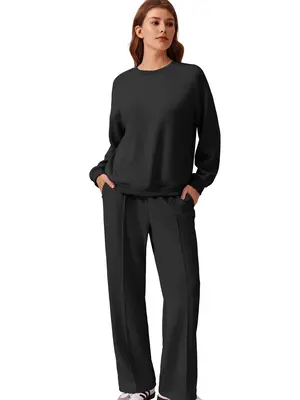 PINSPARK Comfortable Spring Outfits 2-Piece Long Sleeve Sweatshirt Drawstring Straight Leg Pants Travel Airport 2025 Unisex C...