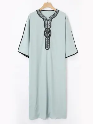 Arabic Clothing-Men's Loose Contrast Binding Notched Neck Embroidery Kaftan, Casual Soft Comfy Half Sleeve Long Abaya for Dai...