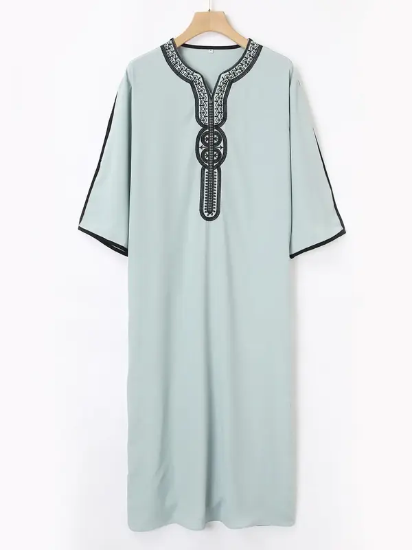 Arabic Clothing-Men's Loose Contrast Binding Notched Neck Embroidery Kaftan, Casual Soft Comfy Half Sleeve Long Abaya for Dai...
