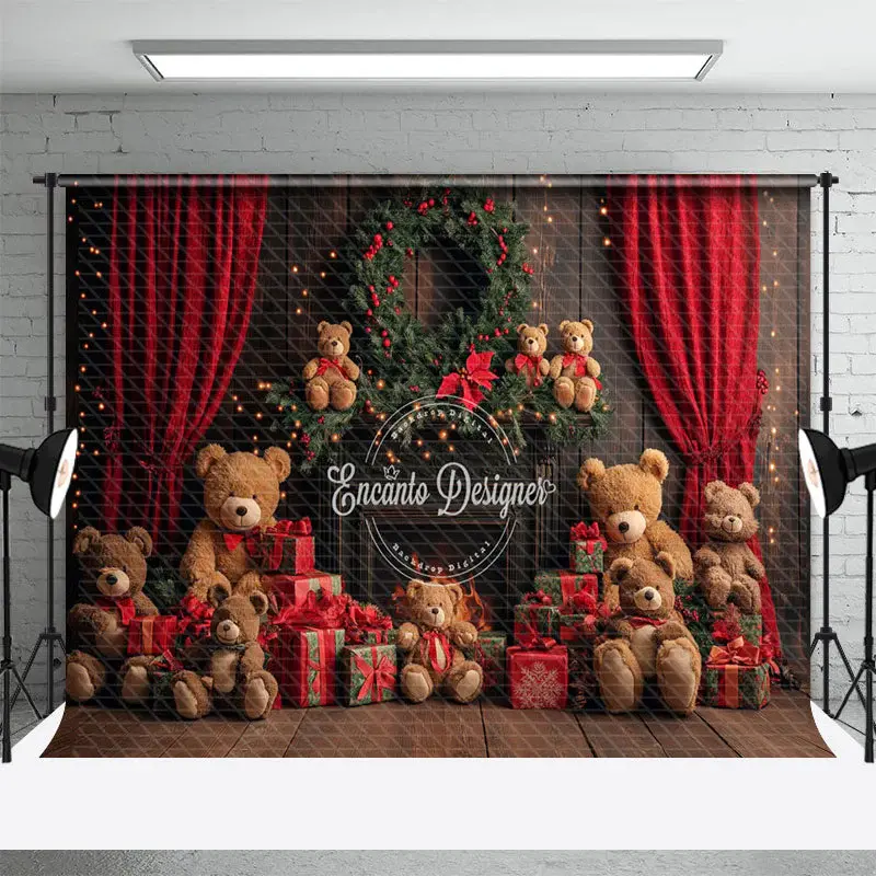Aperturee Red Curtain Gifts Bear Wreath Christmas Vibe Backdrop, 3X2FT(1MX0.6M), 14 USD, christmas backdrops, ENHD2J40-M