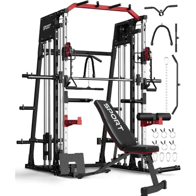 Garvee All-in-One Smith Machine Home Gym – Power Rack, Squat Cage, Dual Lat Pulldown, Cable Crossover & Adjustable Bench â€...