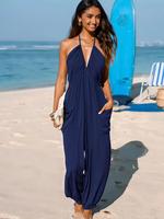 Women's Plain Backless Shirred Halter Jumpsuit, Boho Bohemian Fashion Pocket Tie Back Jumpsuit for Beach Holiday Vacation, La...