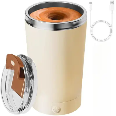 Automatic Self Stirring Mug With Lid 400ML Rechargeable Stainless Steel Coffee Mixer Cup Detachable Base Beige Drinkware Tumb...