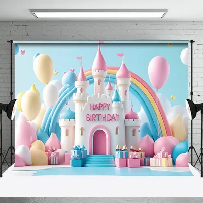 Aperturee Colorful Castle Balloons Gifts Cake Smash Backdrop, 3X2FT(1MX0.6M), 14 USD, birthday cake smash backdrops, NYHD1J38...