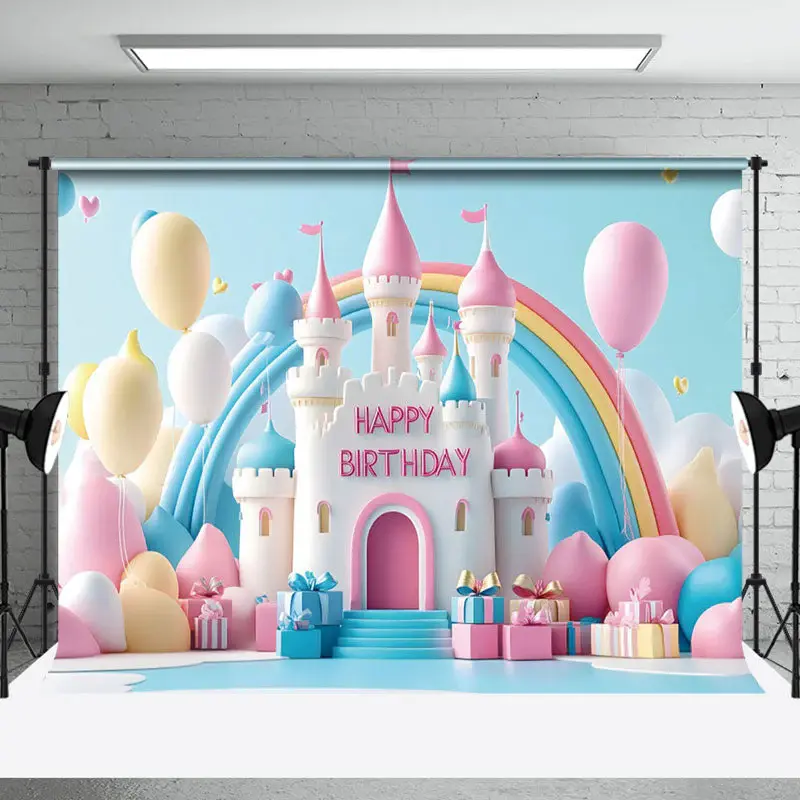 Aperturee Colorful Castle Balloons Gifts Cake Smash Backdrop, 3X2FT(1MX0.6M), 14 USD, birthday cake smash backdrops, NYHD1J38...