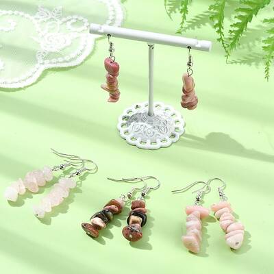 Natural Rose Quartz & Pink Opal &  Rhodonite Chip Dangle Earrings Set for Women