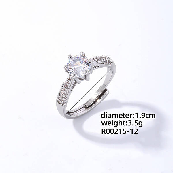 Flat Round Platinum Brass Adjustable Ring with Cubic Zirconia