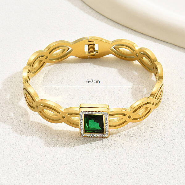 Vintage Stainless Steel Granny Green Glass Hollow Wide Bracelet Party Daily Gift