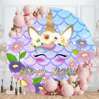 Aperturee Purple Floral Unicorn Round Birthday Backdrop