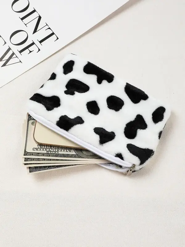 Cute Colorblock Cow Print Plush Zipper Wallet, Large Capacity Coin Purse, Portable Trendy Storage Bag for Women & Girls