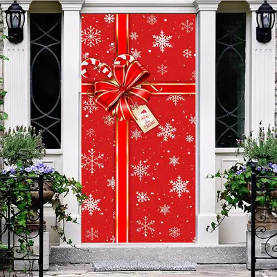 Aperturee Winter Snowy Red Bow Tie Gift Christmas Door Cover | Unique Christmas Decorations | Christmas Front Door Cover | Ch...