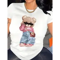 Cute Bear Print T-shirt Short Sleeve Crew Neck Casual Top for Summer Women's Clothing Tee Streetwear