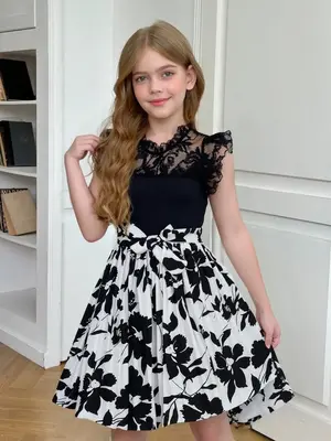 Tween Girls' Elegant Romantic Patchwork Contrast Lace Stand Collar Flutter Sleeve A-Line Pleated Dress with Belt,As Gift 4250...