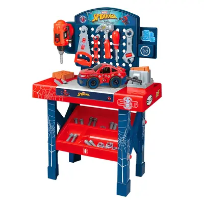 Marvel SpiderMan Tool Bench Playset, Team Nascar Pit Stop Playset with Take Apart Car 84 Pieces - Pretend Play Toy