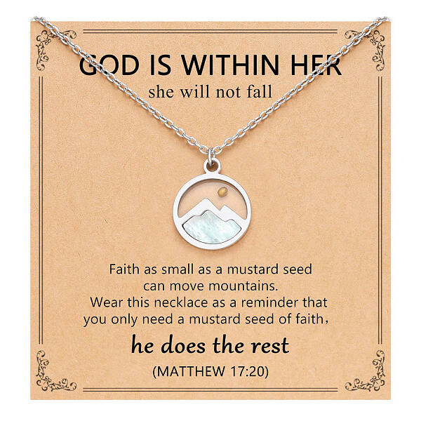 Flat Round 216 Stainless Steel Pave Natural Shell Mustard Seed Pendant Necklaces for Women