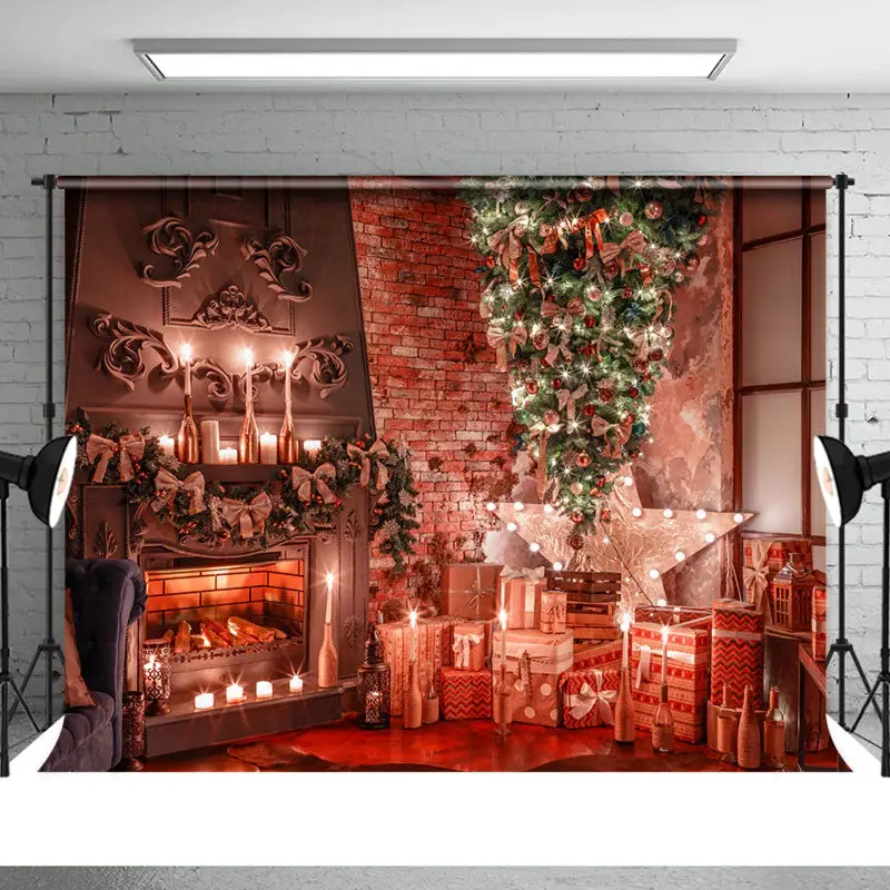 Christmas Tree Presents Fireplace Candles Backdrop - Aperturee