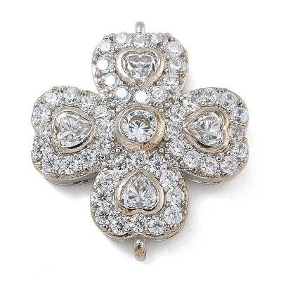 Rack Plating Brass Clear Cubic Zirconia Clover Connector Charms