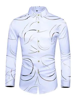 Men's All Seasons Slim Abstract Print Button Front Shirt, Fashion Casual Long Sleeve Woven Top For Men, Men's Clothing For F...